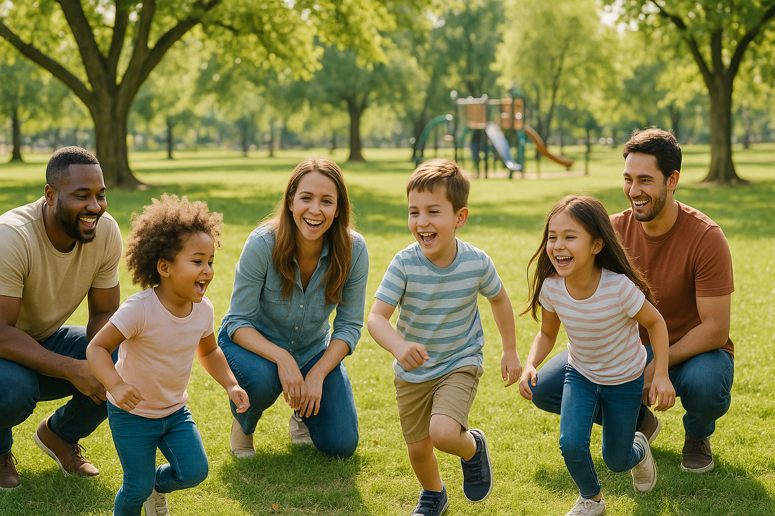 genere moi une image des plusieurs enfants souriant avec leurs parent dans un parc